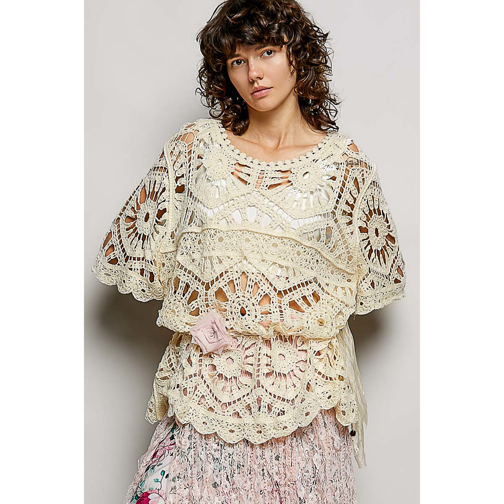 SMC270 CREAM Pol Round Neck Half Sleeve Crochet Top One Size - Picture 2 of 5